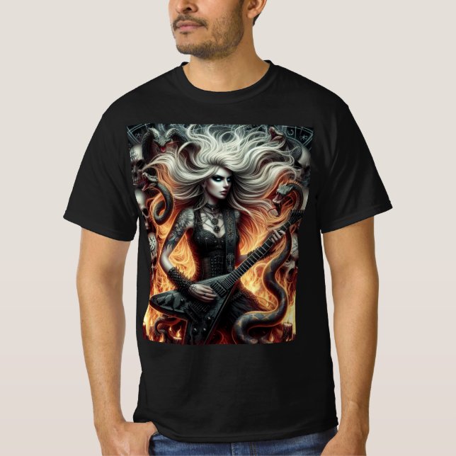 Camiseta Fuego y Metal: La Guitarrista del Infierno (Frente)