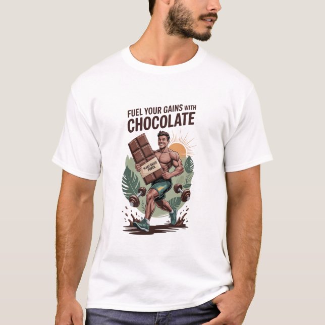 Camiseta Fuel Your Gains with Chocolate T-Shirt Funny Vegan (Frente)