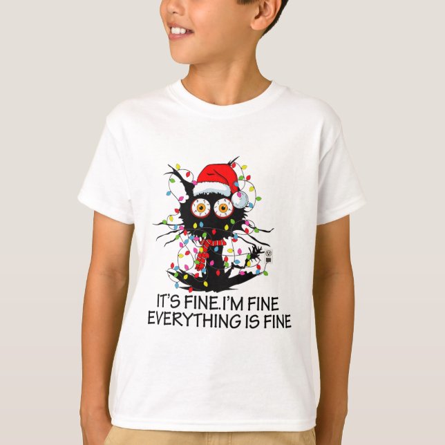 Camiseta Fun Black Cat It's Fine I'm Fine Everything Is Fin (Frente)