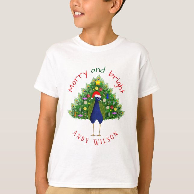 Camiseta Fun Merry and Bright Christmas Tree Peacock (Frente)