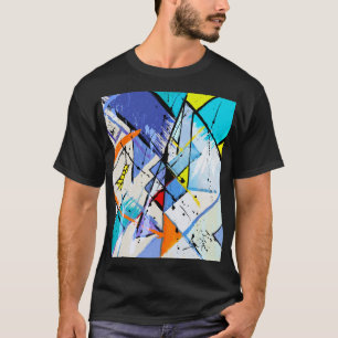 Camiseta fundo abstrato, linhas geométricas, cinzas.
