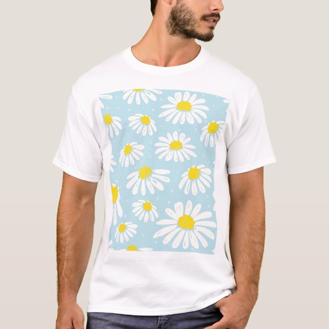 Camiseta Fundo Azul-Margarida Branco Invisível (Frente)