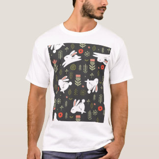 Camiseta Fundo escuro, coelhos brancos, vintage floral.