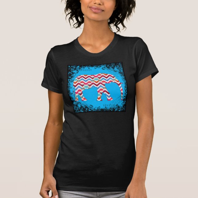 Camiseta Funky Zigzag Chevron Elephant on Teal Blue (Frente)