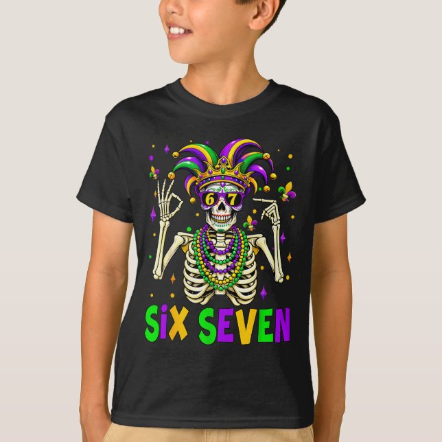 Camiseta Funny 67 Mardi Gras Skeleton 6 7 Meme Mask Beads S (Frente)