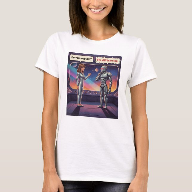 Camiseta Funny AI Romance Female Human and Male Robot Space (Frente)