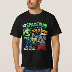 Camiseta Funny Alien Mecânico Espaçonave Luz de Verificação