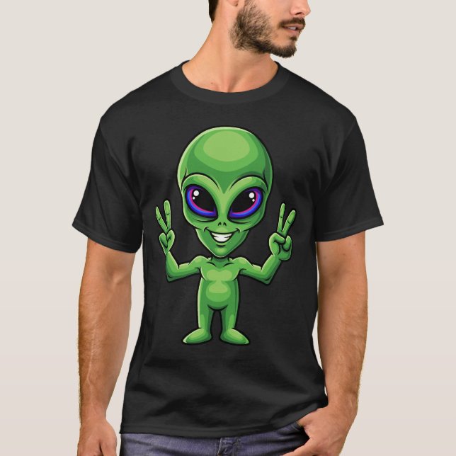 Camiseta Funny Alien Peace Symbol Smiling Humor Cute UFO  (Frente)