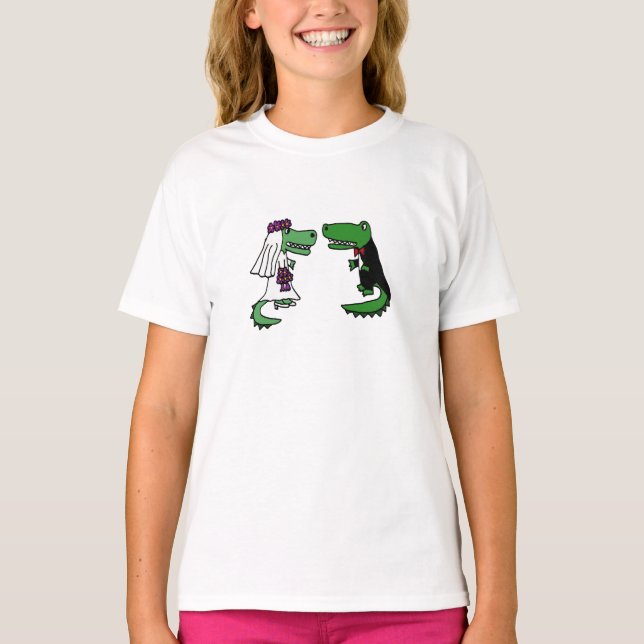 Camiseta Funny Alligator Bride e Groom Cartoon (Frente)