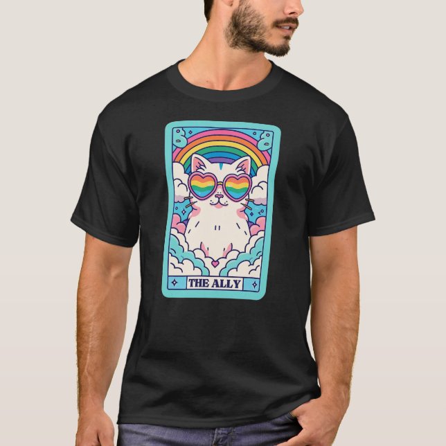Camiseta Funny Ally Cat Tarot Card Pride Sunglasses Gay Pri (Frente)