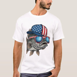 Camiseta Funny American Big Fish Wearing Flag Cap Fishing