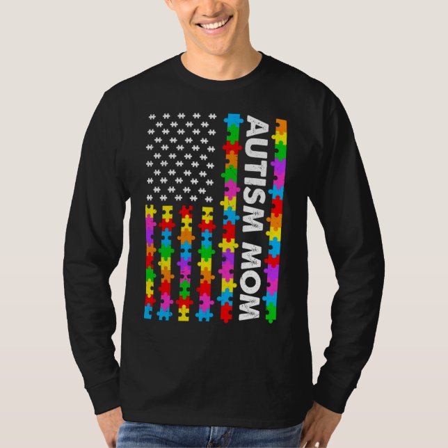 Camiseta Funny American Flag Autism Mãe Autismo Sensibiliza (Frente)