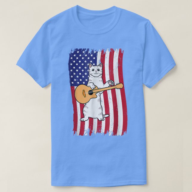 Camiseta Funny American Flag Cat Tocando Violão Vintage (Frente do Design)