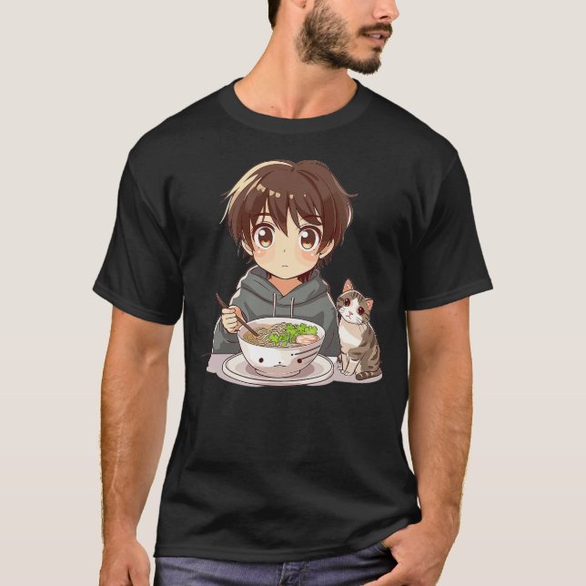 Camiseta Funny Anime Cat Ramen Graphic (Frente)