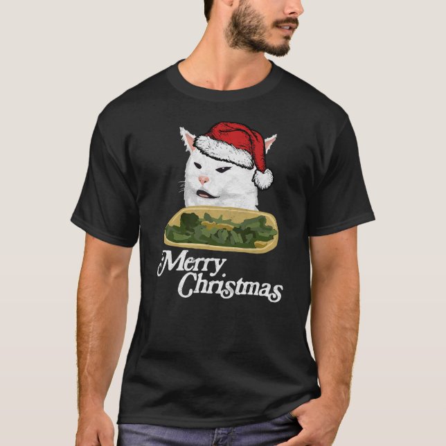 Camiseta Funny Arguing White Cat Meme in Santa Hat Christma (Frente)