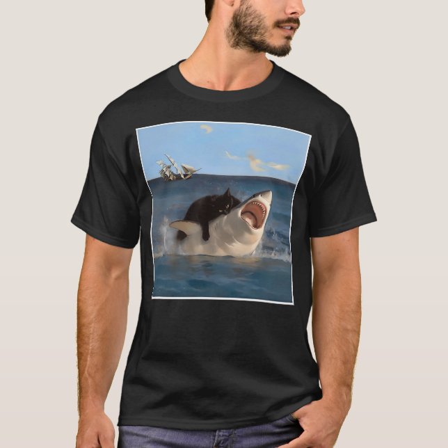 Camiseta funny Art & Cat Lover Quote Cat Biting Shark Cool  (Frente)