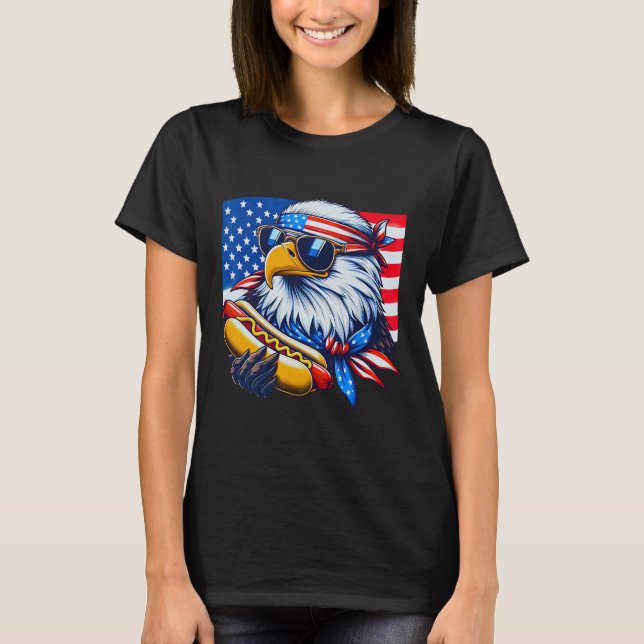 Camiseta Funny Bald Eagle Hotdog American Flag 4th Of July  (Frente)