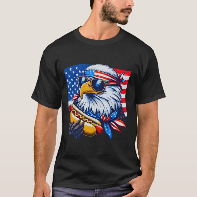 Camiseta Funny Bald Eagle Hotdog American Flag 4th Of July  (Frente)