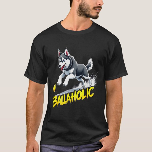 Camiseta Funny Ballaholic Siberian Husky Dog Chasing Ball  (Frente)