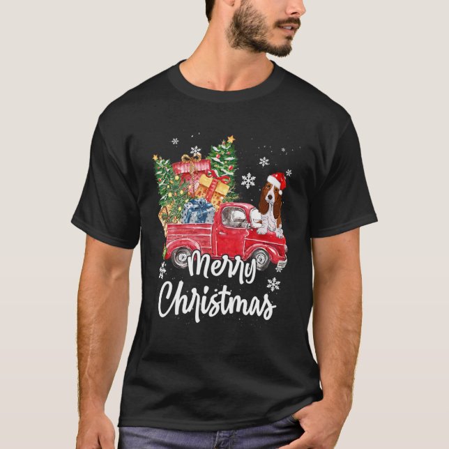 Camiseta Funny Basset Hound Ride Red Truck Feliz Natal (Frente)