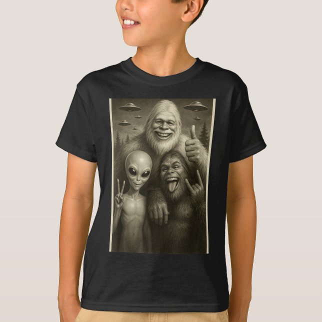 Camiseta Funny Bigfoot, Alien, &amp; Yeti Sasquatch Rock On (Frente)