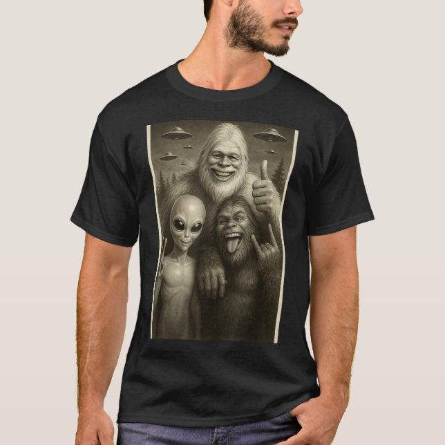 Camiseta Funny Bigfoot, Alien, &amp; Yeti Sasquatch Rock On (Frente)
