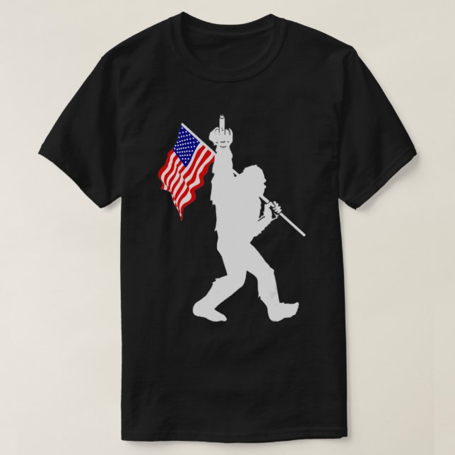 Camiseta Funny Bigfoot Middle Finger USA Flag 4 De 2 De Jul (Frente do Design)