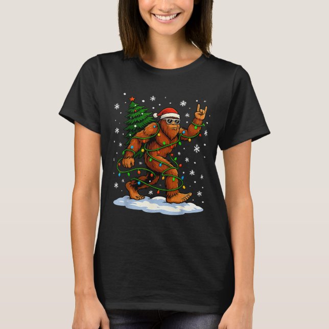 Camiseta Funny Bigfoot Rock On Christmas Lights Snow Holida (Frente)