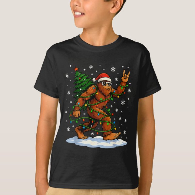Camiseta Funny Bigfoot Rock On Christmas Lights Snow Holida (Frente)