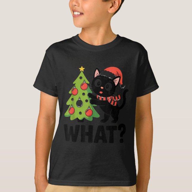 Camiseta Funny Black Ca Pushing Christmas Tree Over Cat Wha (Frente)