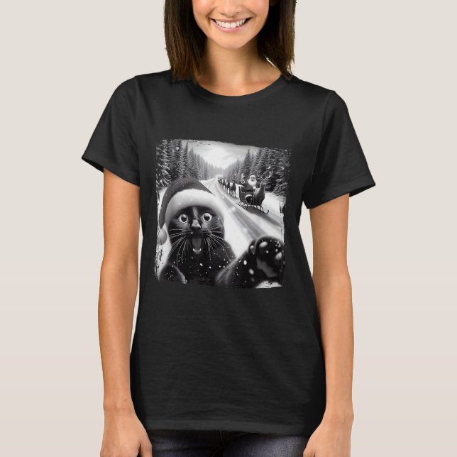 Camiseta Funny Black Cat Christmas Selfie Santa Sleigh Snow (Frente)