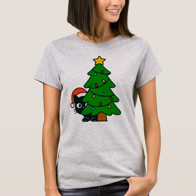Camiseta Funny Black Cat Christmas Tree Lights Kitty Xmas (Frente)