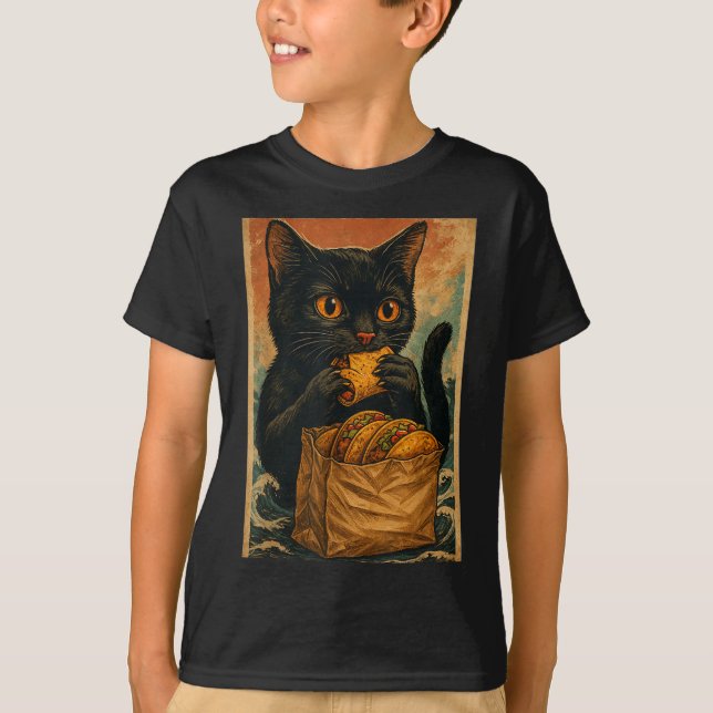 Camiseta Funny Black Cat Eating Tacos Retro Japanese  (Frente)