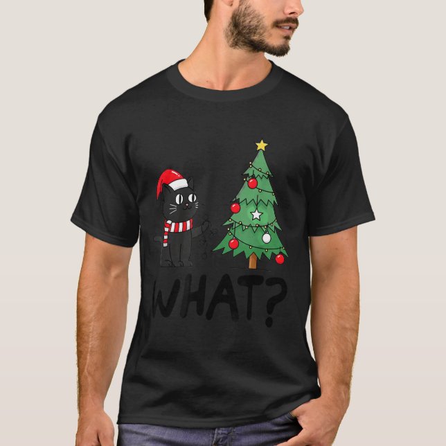 Camiseta Funny Black Cat Pushing Christmas Tree Over Cat Wh (Frente)