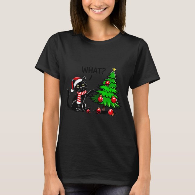 Camiseta Funny Black Cat Pushing Christmas Tree Over Cat Wh (Frente)