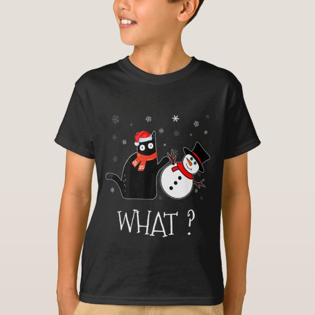 Camiseta Funny Black Cat Pushing Snowman Christmas Winter C (Frente)