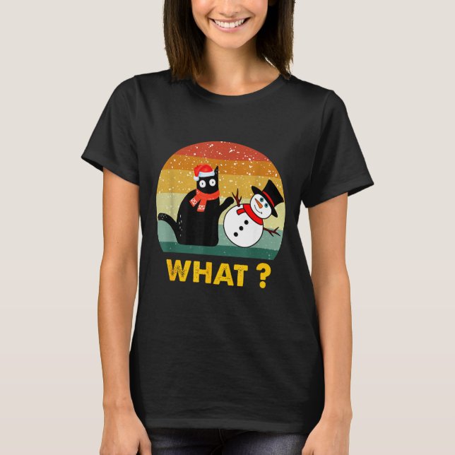 Camiseta Funny Black Cat Pushing Snowman Xmas Winter Costum (Frente)