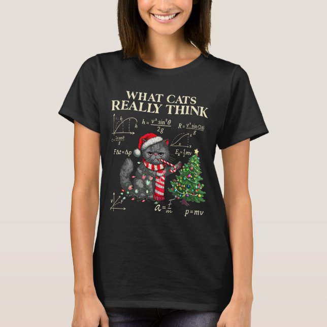 Camiseta Funny Black Cat Pushing Xmas Tree Over Cats Physic (Frente)