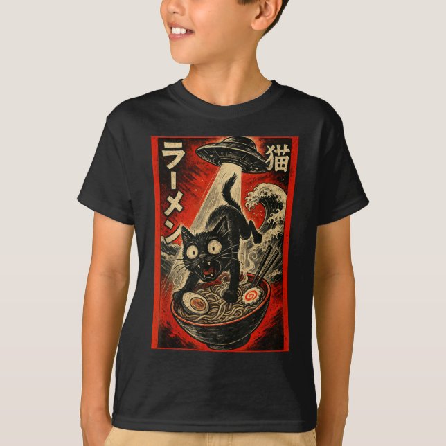 Camiseta Funny Black Cat Ramen Alien Ufo Abduction Japanese (Frente)