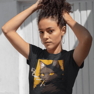 Camiseta Funny black cat t-shirt, smoking cigarette