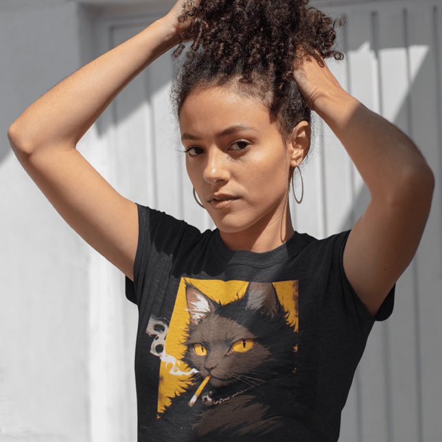 Camiseta Funny black cat t-shirt, smoking cigarette (Criador carregado)