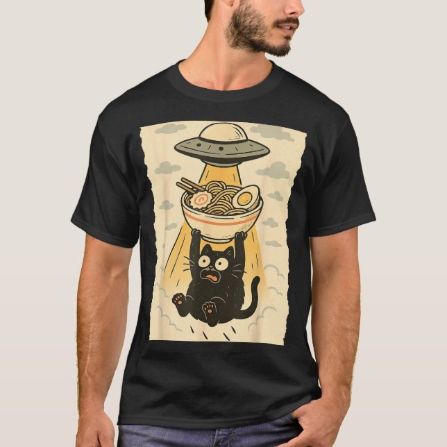 Camiseta Funny Black Cat Ufo Ramen Alien Abduction Graphic  (Frente)