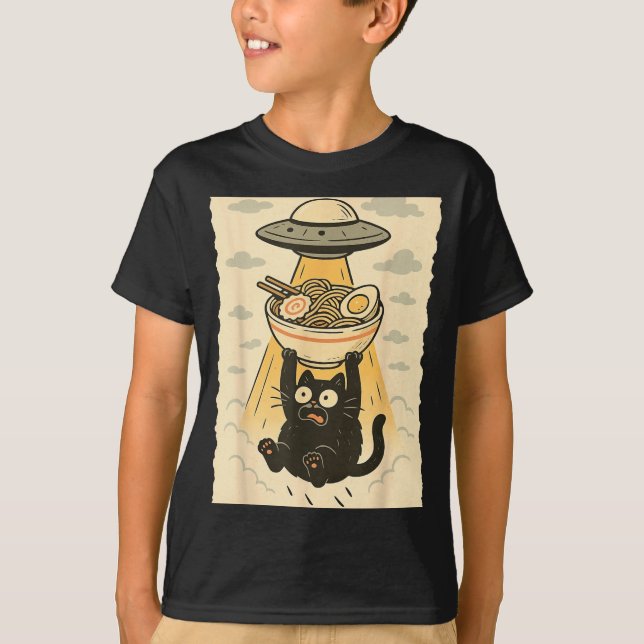 Camiseta Funny Black Cat Ufo Ramen Alien Abduction Graphic  (Frente)
