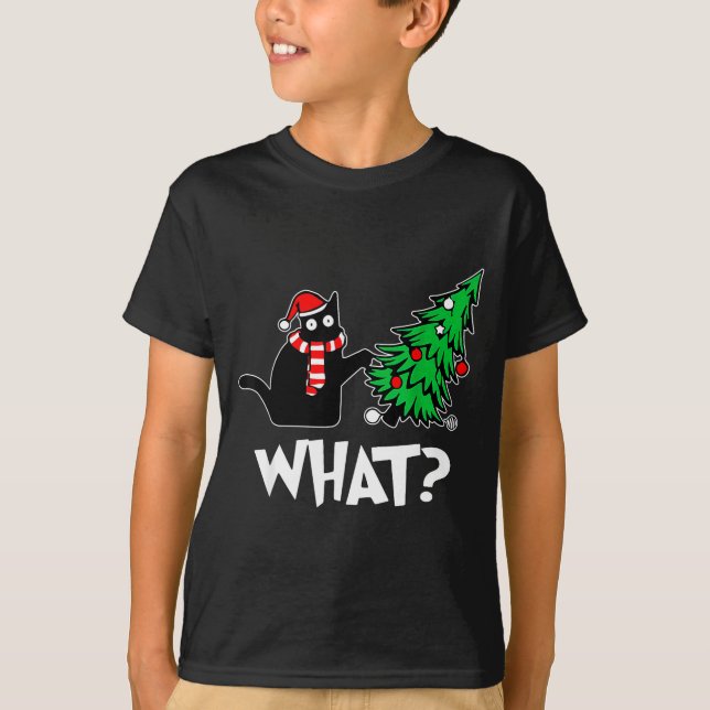 Camiseta Funny Black Cat Xmas Pushing Christmas Tree Over C (Frente)