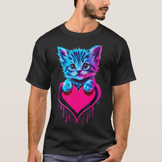 Camiseta Funny Blacklight Glitch Art Cute Cat Kitten Valent (Frente)