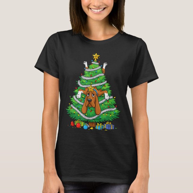 Camiseta Funny Bloodhound Dog Christmas Tree Lights Kids Me (Frente)