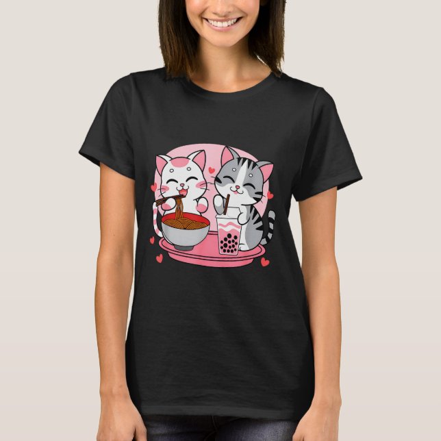 Camiseta Funny Boba Ramen Cats Kawaii Anime Japan Cute Neko (Frente)