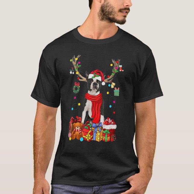 Camiseta Funny Boston Terrier Reindeer Gift Christmas Horn  (Frente)