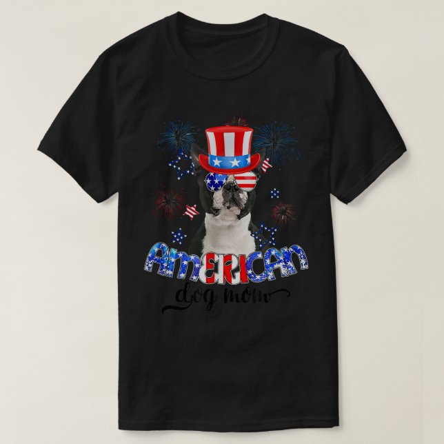 Camiseta Funny Boston Terrier Wearing Sunglasses USA Flag 4 (Frente do Design)