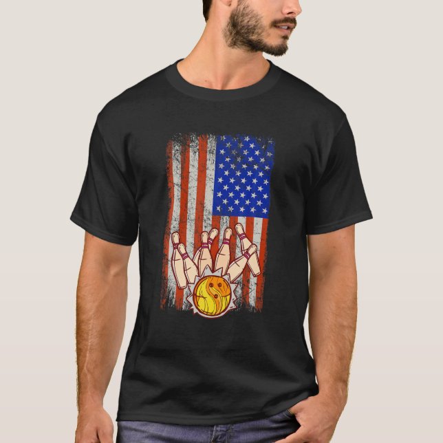 Camiseta Funny Bowler Presente Vintage American Flag Bolich (Frente)